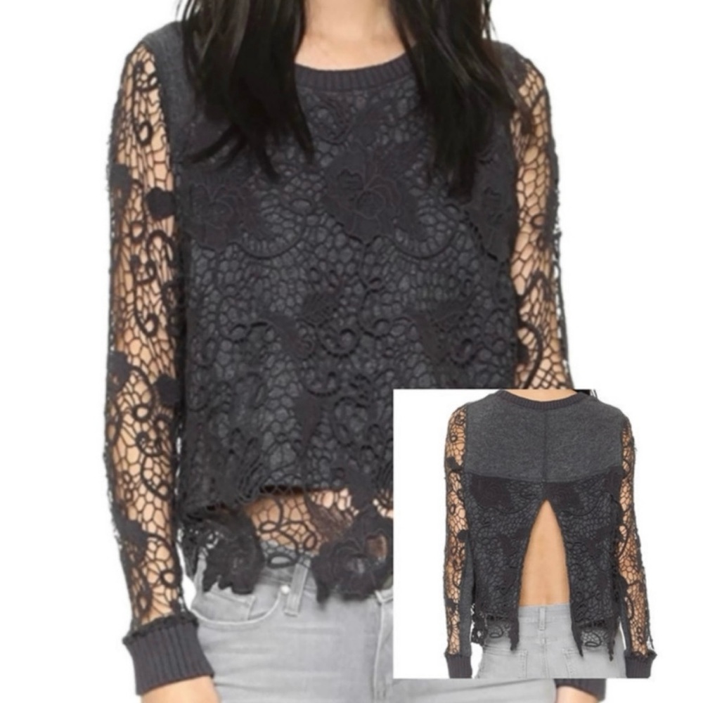 Free People Pretty Rad Charcoal Gray Crocheted Open Back Sweater Size Small